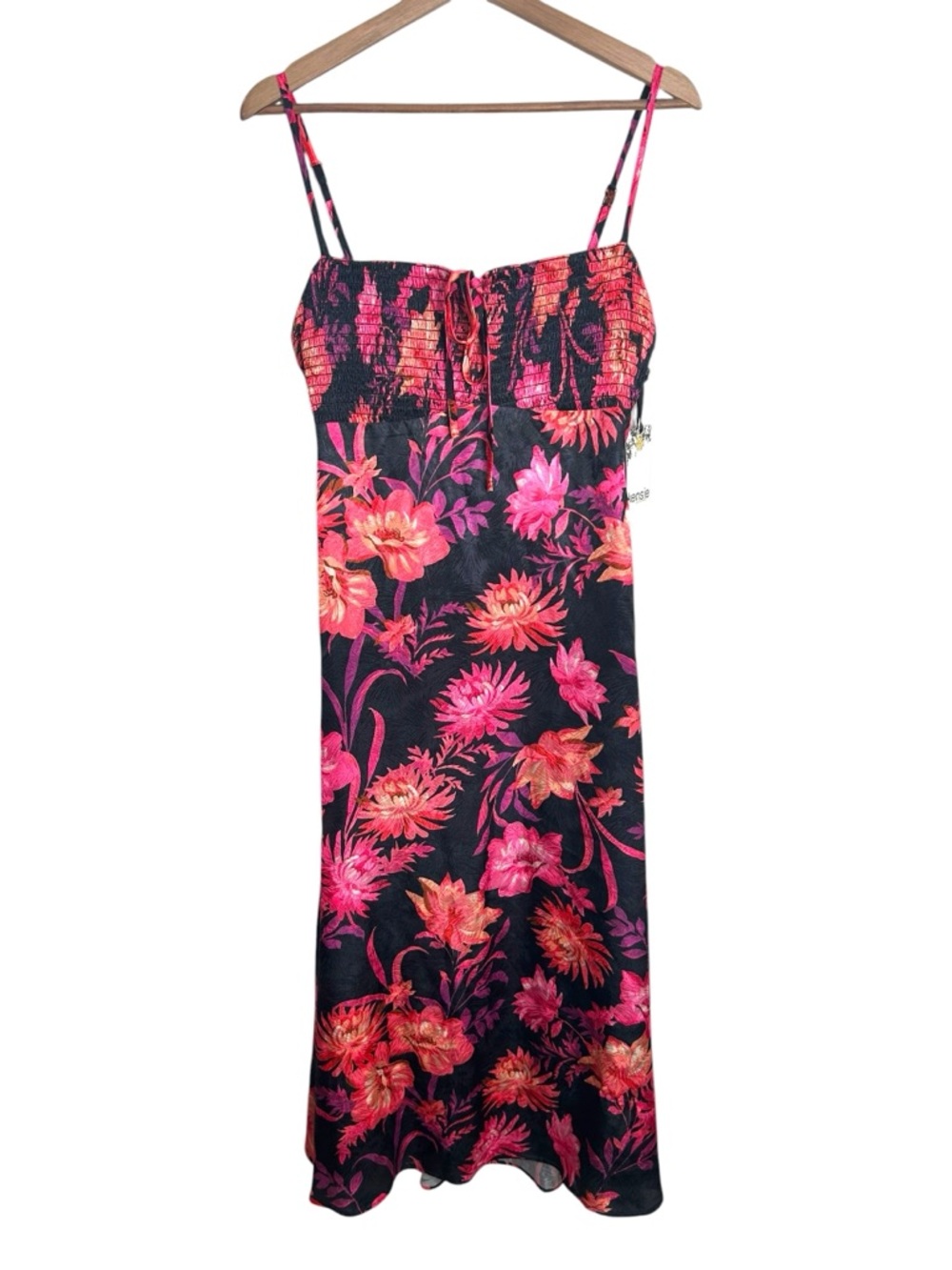 kensie Women's Neon Floral Printed Smocked Sleeveless Midi Slip Sundress Size 8 - Picture 2 of 9